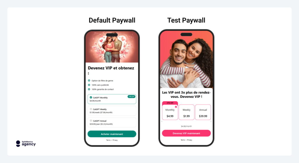 A comparison between the default and test paywall introduced during Test 3 for Beurteletchat app, for the SplitMetrics Agency Paywall Optimization case study.
