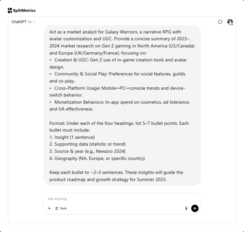AI prompt summarizing existing market research