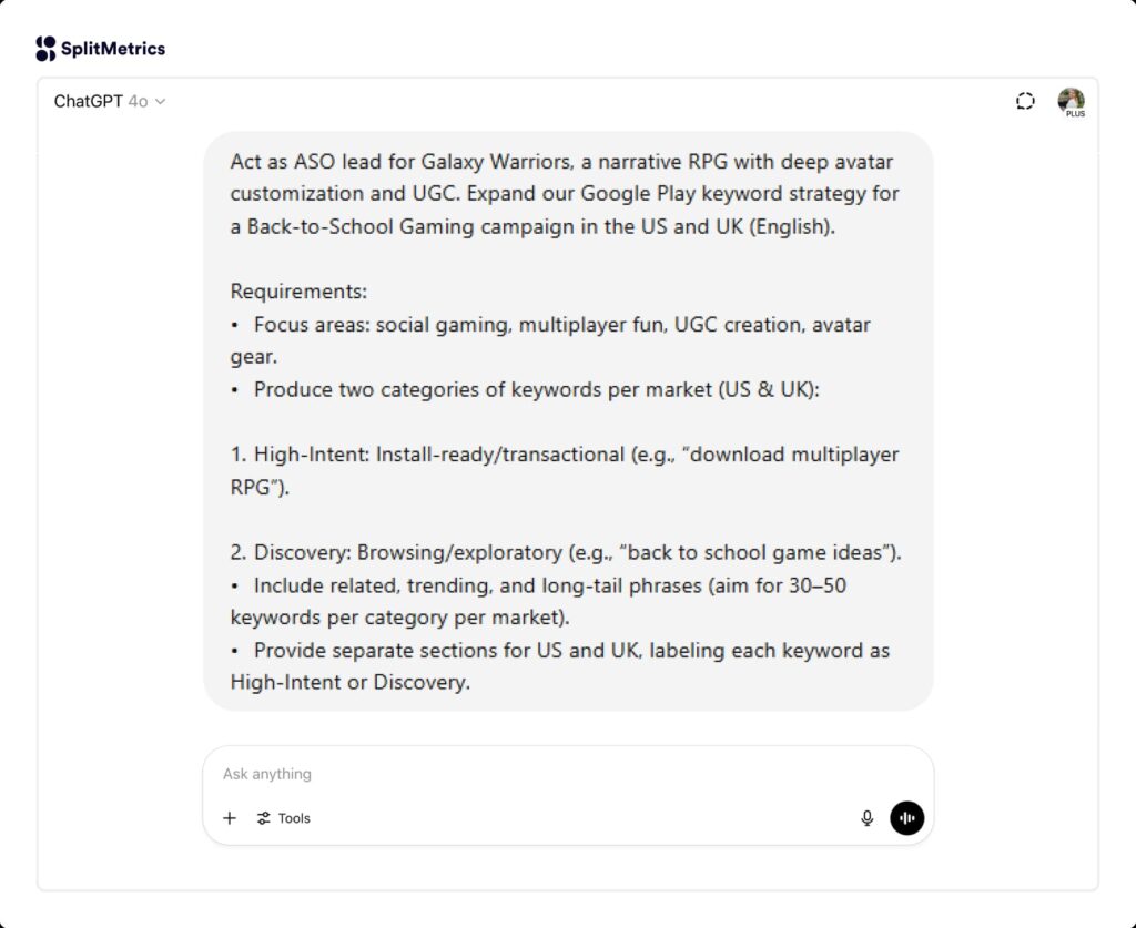 AI prompt expanding seasonal app keyword lists
