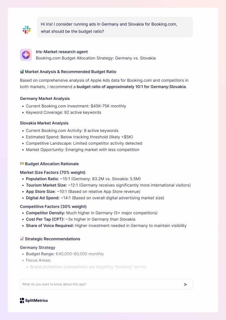 Apple Ads AI agent market research results for Booking.com mobile app