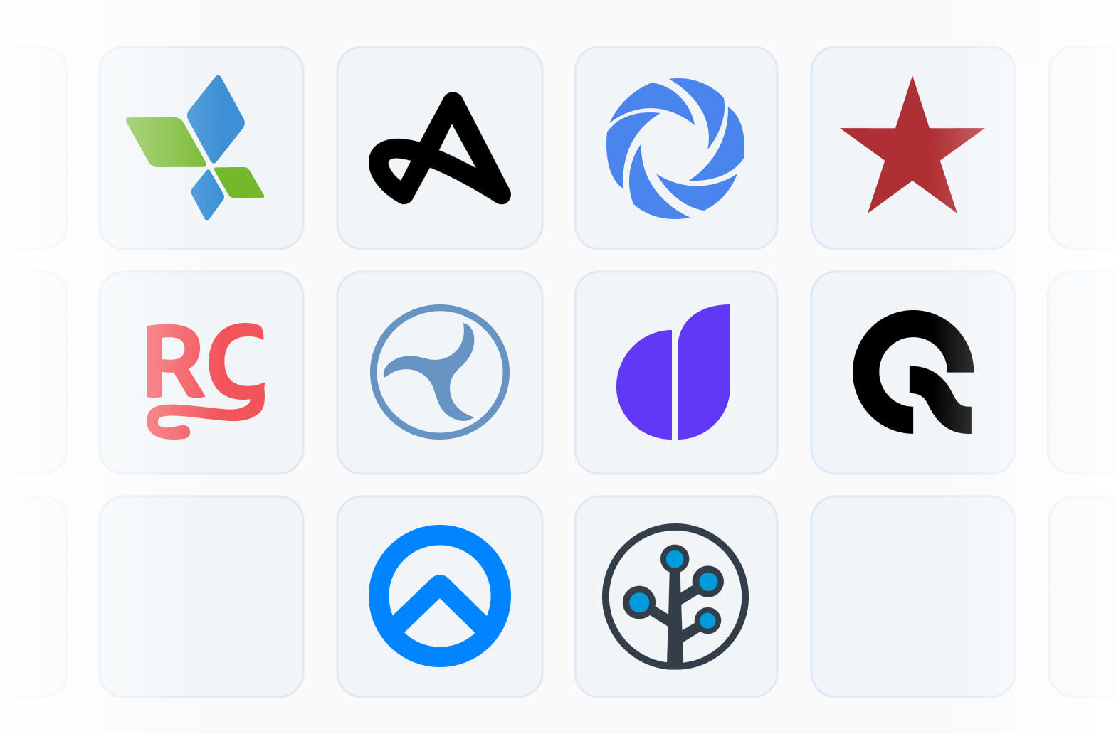 Logos of AppsFlyer, Adjust, Singular, Branch, RevenueCat, Adapty, Kohava, Apphud, Qonversion, and Tenjin, mobile measurement partners available for a quick connection in the free SplitMetrics Acquire Starter Plan.