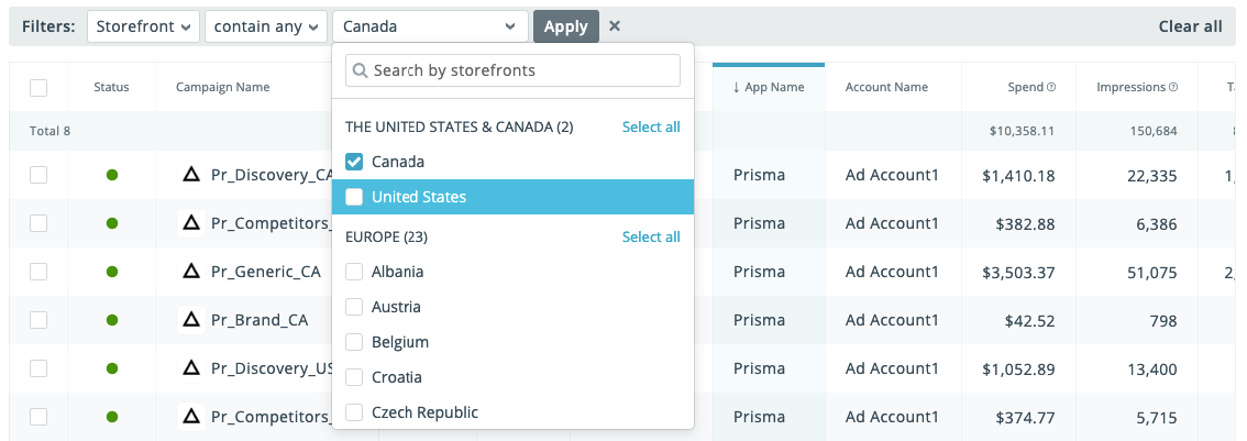 Filtering Apple Ads storefronts