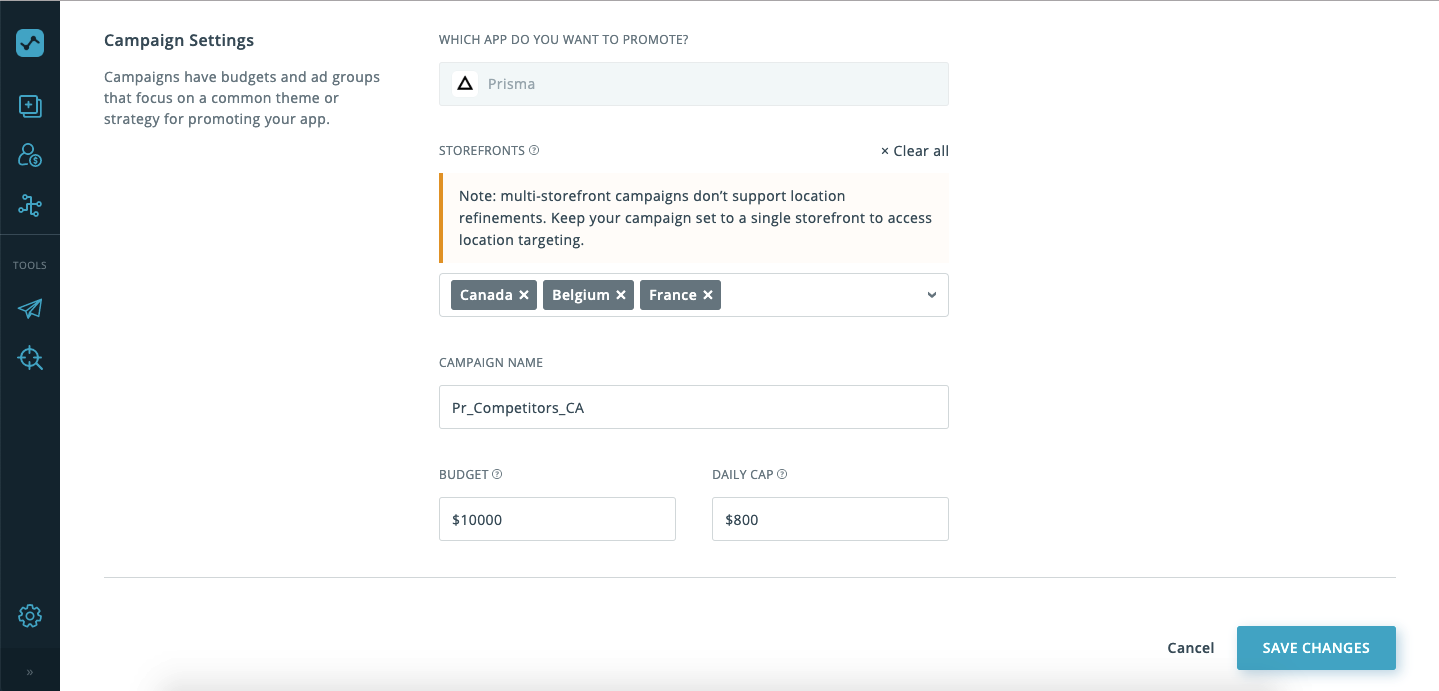 Editing Apple Ads Storefronts Settings