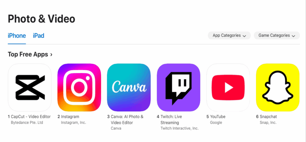 App Store top charts -photo video category