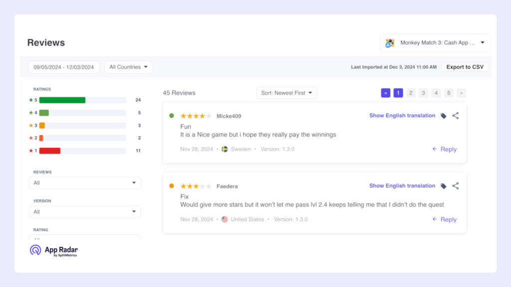 Ratings & Reviews dashboard management in app Radar