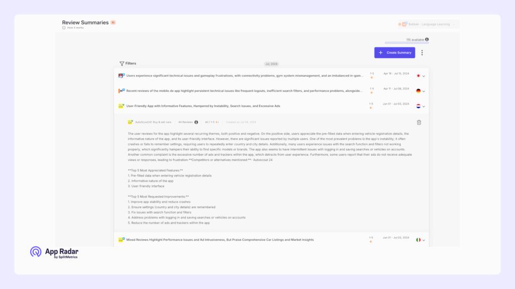 AI summaries of App Store reviews in App Radar