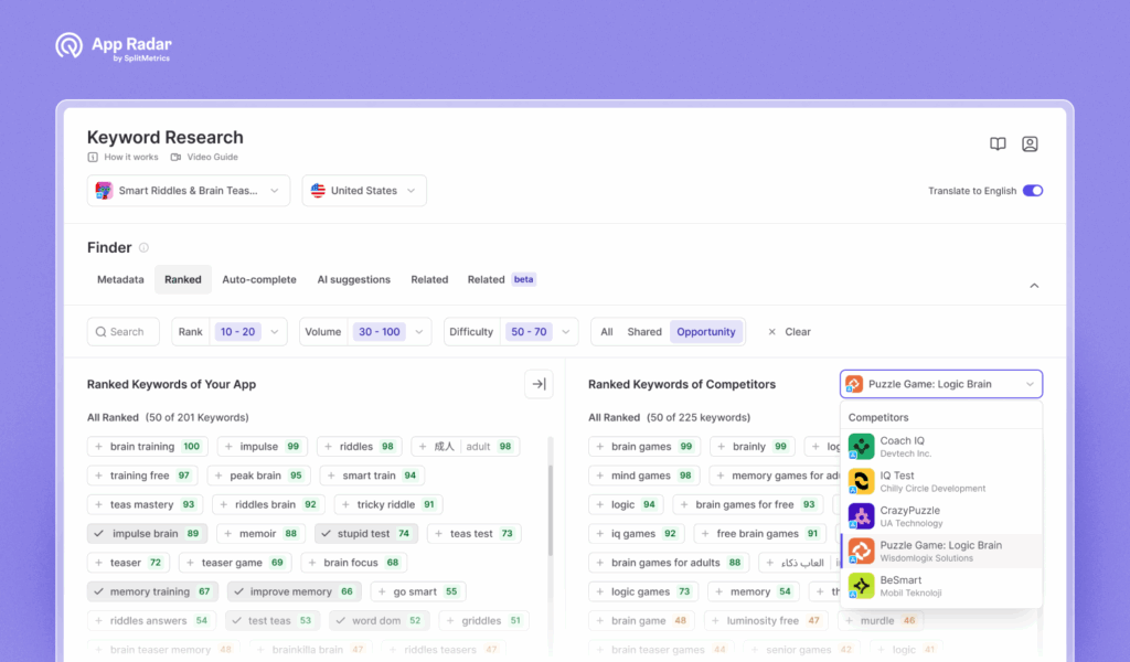 Organic keyword research for the App Store in App Radar by SplitMetrics