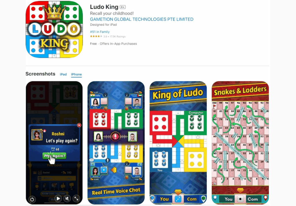 Mobile games like Ludo King often use app preview videos to highlight in-app features