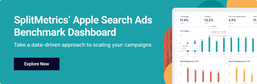 SplitMetrics Apple Ads Benchmark Dashboard. Take a data driven approach to scaling your campaigns. Explore now.